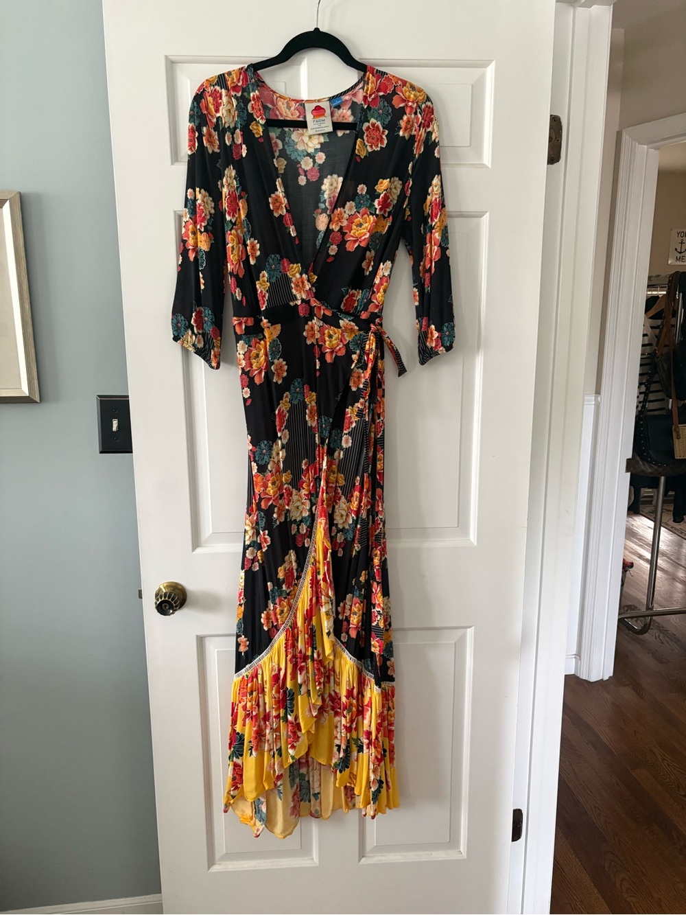 Farm Rio for Anthropologie Black Floral High-Low Wrap Dress